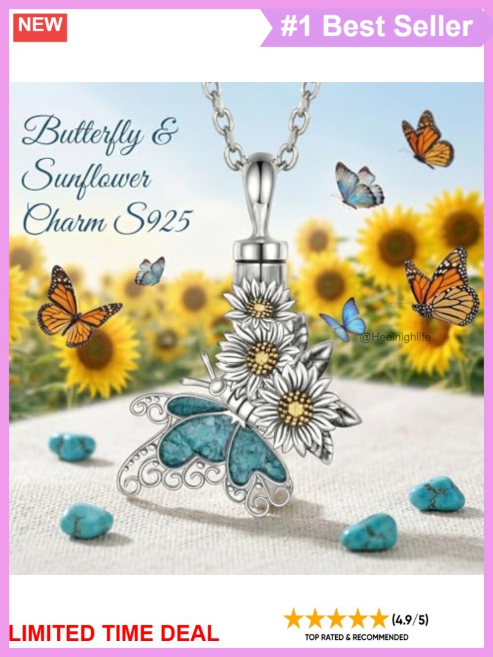 925 Sterling Silver Butterfly Urn Necklace Turquoise Daisy Pendant Memorial - Picture 5 of 5